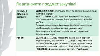 Як визначити предмет закупівлі
Послуги з
поточного
ремонту
ДБН А.2.2-3:2014 «Склад та зміст проектної документації
на будівництво»
ГБН Г.1-218-182:2011 «Ремонт автомобільних доріг
загального користування. Види ремонтів та переліки
робіт».
За кожним окремим будинком, будівлею, спорудою,
лінійним об'єктом інженерно-транспортної
інфраструктури згідно з термінологією державних
будівельних норм
Роботи ДСТУ Б.Д.1.1-1:2013 «Правила визначення вартості
будівництва», а також ГБН Г.1-218-182:2011 «Ремонт
автомобільних доріг загального користування. Види
ремонтів та перелік робіт» за об'єктами будівництва
ДК 021:2015 за показником другої – п'ятої цифр
 