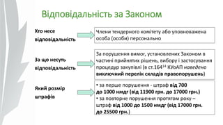 Відповідальність за Законом
Хто несе
відповідальність
За що несуть
відповідальність
Який розмір
штрафів
Члени тендерного комітету або уповноважена
особа (особи) персонально
За порушення вимог, установлених Законом в
частині прийнятих рішень, вибору і застосування
процедур закупівлі (в ст.16414 КУоАП наведено
виключний перелік складів правопорушень)
• за перше порушення - штраф від 700
до 1000 нмдг (від 11900 грн. до 17000 грн.)
• за повторне порушення протягом року –
штраф від 1000 до 1500 нмдг (від 17000 грн.
до 25500 грн.)
 