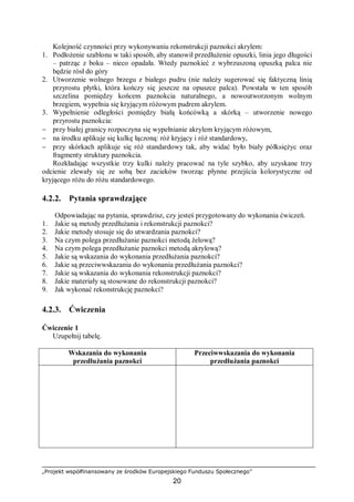 „Projekt współfinansowany ze środków Europejskiego Funduszu Społecznego”
20
Kolejność czynności przy wykonywaniu rekonstrukcji paznokci akrylem:
1. Podłożenie szablonu w taki sposób, aby stanowił przedłużenie opuszki, linia jego długości
– patrząc z boku – nieco opadała. Wtedy paznokieć z wybrzuszoną opuszką palca nie
będzie rósł do góry
2. Utworzenie wolnego brzegu z białego pudru (nie należy sugerować się faktyczną linią
przyrostu płytki, która kończy się jeszcze na opuszce palca). Powstała w ten sposób
szczelina pomiędzy końcem paznokcia naturalnego, a nowoutworzonym wolnym
brzegiem, wypełnia się kryjącym różowym pudrem akrylem.
3. Wypełnienie odległości pomiędzy białą końcówką a skórką – utworzenie nowego
przyrostu paznokcia:
− przy białej granicy rozpoczyna się wypełnianie akrylem kryjącym różowym,
− na środku aplikuje się kulkę łączoną: róż kryjący i róż standardowy,
− przy skórkach aplikuje się róż standardowy tak, aby widać było biały półksiężyc oraz
fragmenty struktury paznokcia.
Rozkładając wszystkie trzy kulki należy pracować na tyle szybko, aby uzyskane trzy
odcienie zlewały się ze sobą bez zacieków tworząc płynne przejścia kolorystyczne od
kryjącego różu do różu standardowego.
4.2.2. Pytania sprawdzające
Odpowiadając na pytania, sprawdzisz, czy jesteś przygotowany do wykonania ćwiczeń.
1. Jakie są metody przedłużania i rekonstrukcji paznokci?
2. Jakie metody stosuje się do utwardzania paznokci?
3. Na czym polega przedłużanie paznokci metodą żelową?
4. Na czym polega przedłużanie paznokci metodą akrylową?
5. Jakie są wskazania do wykonania przedłużania paznokci?
6. Jakie są przeciwwskazania do wykonania przedłużania paznokci?
7. Jakie są wskazania do wykonania rekonstrukcji paznokci?
8. Jakie materiały są stosowane do rekonstrukcji paznokci?
9. Jak wykonać rekonstrukcję paznokci?
4.2.3. Ćwiczenia
Ćwiczenie 1
Uzupełnij tabelę.
Wskazania do wykonania
przedłużania paznokci
Przeciwwskazania do wykonania
przedłużania paznokci
 