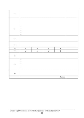 „Projekt współfinansowany ze środków Europejskiego Funduszu Społecznego”
33
12
13
-
-
-
-
-
-
-
-
-
14
15
16 a b c d
17 a b c d
18
19
-
-
-
-
-
-
20
Razem:
 