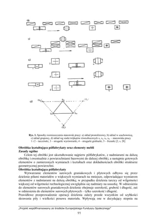 „Projekt współfinansowany ze środków Europejskiego Funduszu Społecznego”
11
Rys. 1. Sposoby rozmieszczenia stanowisk pracy: a) układ prostoliniowy, b) układ w szachownicę,
c) układ grupowy, d) układ wg siatki trójkątów równobocznych s1, s2, s3, s4, – stanowiska pracy
1 i 2 – tarczówki, 3 – strugarki wyrówniarki, 4 – strugarki grubiarki, 5 – frezarki [2, s. 28]
Obróbka kształtująca półfabrykaty oraz elementy mebli
Zasady ogólne
Celem tej obróbki jest ukształtowanie najpierw półfabrykatów, z nadmiarami na dalszą
obróbkę i ewentualnie z powierzchniami bazowymi do dalszej obróbki, a następnie gotowych
elementów o zamierzonych wymiarach i kształtach oraz dokładnościach obróbki strukturze
geometrycznej powierzchni.
Obróbka kształtująca półfabrykaty
Wytwarzanie elementów surowych graniakowych i płytowych odbywa się przez
dzielenie piłami materiałów o większych wymiarach na mniejsze, odpowiadające wymiarom
elementów z nadmiarami na dalszą obróbkę; w przypadku dzielenia tarcicy od wilgotności
większej od wilgotności technologicznej uwzględnia się nadmiary na ususzkę. W odniesieniu
do elementów surowych graniakowych dzielenie obejmuje szerokość, grubość i długość, zaś
w odniesieniu do elementów surowych płytowych – tylko szerokość i długość.
Prawidłowe przeprowadzenie operacji dzielenia zależy przede wszystkim od szybkości
skrawania piły i wielkości posuwu materiału. Wpływają one w decydujący stopniu na
 