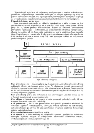 „Projekt współfinansowany ze środków Europejskiego Funduszu Społecznego”
20
Wymienionych wyżej wad nie mają normy analityczne pracy, ustalane na konkretnym,
prawidłowo zorganizowanym stanowisku roboczym, na którym wykonuje się pracę za
pomocą odpowiednich narzędzi oraz najkorzystniejszych metod pracy. Normy takie nazywają
się również normami pracy technicznie uzasadnionymi lub technicznymi normami pracy.
Ustalenie technicznej normy pracy
Czas przebywania pracownika w zakładzie produkcyjnym z wielu przyczyn nie jest
przeznaczony wyłącznie na produkcję, ale składa się z czasu pracy i czasu przerw. Normą
pracy nie są objęte przerwy nieuzasadnione, zależne od robotnika, spowodowane
przyczynami organizacyjno – technicznymi, za które pracownik otrzymuje wynagrodzenie,
płacone za godzinę, jak np. brak prądu elektrycznego, awaria urządzenia, brak materiału
i inne. Pozostałe przerwy na potrzeby fizjologiczne tj. na odpoczynek i potrzeby naturalne są
ściśle ustalone i wliczone w normę pracy. Tak, więc norma pracy składa się z elementów
przedstawionych na rysunku
Rys. 2. Elementy normy pracy
Czas przygotowawczo – zakończeniowy tpz obejmuje ustawienie obrabiarki, sprawdzenie
dokładności obróbki na elemencie próbnym, itp. Po zakończeniu operacji trzeba rozbroić
obrabiarkę, sprzątnąć stanowisko robocze, zdać mistrzowi pracę wykonaną. Czas ten ustala
się dla serii elementów wykonywanych jednorazowo i podzielony przez ich liczbę wlicza się
do normy na jednostkę wyrobu.
Czas jednostkowy jest to czas wykonania i czas uzupełniający. Czas ten oblicza się na
wykonanie jednej operacji na jednym elemencie.
Czas główny wykonania tg jest czasem trwania czynności technologicznych, jak np.
struganie, frezowanie, wiercenie, klejenie itp.
Czas pomocniczy tp jest to czas przeznaczony na czynności pomocnicze niezbędne do
wykonania czynności technologicznych, takich jak podanie elementów na stół maszyny,
odłożenie elementu po obróbce lub czas zamykania i otwierania urządzenia dociskowego
podczas klejenia i sklejania.
Czas uzupełniający to czas obsługi i czas przerw.
Czas obsługi to, to czas potrzebny na utrzymanie czystości i porządku na stanowisku
roboczym, wymianę narzędzi w narzędziowni, sprawdzenie dokładności obróbki,
wysłuchanie poleceń i instrukcji przełożonego itp.
 