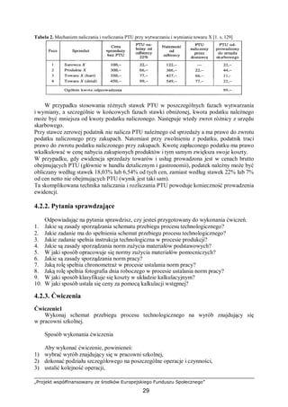 „Projekt współfinansowany ze środków Europejskiego Funduszu Społecznego”
29
Tabela 2. Mechanizm naliczania i rozliczania PTU przy wytwarzaniu i wymianie towaru X [1. s, 129]
W przypadku stosowania różnych stawek PTU w poszczególnych fazach wytwarzania
i wymiany, a szczególnie w końcowych fazach stawki obniżonej, kwota podatku należnego
może być mniejsza od kwoty podatku naliczonego. Następuje wtedy zwrot różnicy z urzędu
skarbowego.
Przy stawce zerowej podatnik nie nalicza PTU należnego od sprzedaży a ma prawo do zwrotu
podatku naliczonego przy zakupach. Natomiast przy zwolnieniu z podatku, podatnik traci
prawo do zwrotu podatku naliczonego przy zakupach. Kwotę zapłaconego podatku ma prawo
wkalkulować w cenę nabycia zakupionych produktów i tym samym zwiększa swoje koszty.
W przypadku, gdy ewidencja sprzedaży towarów i usług prowadzona jest w cenach brutto
obejmujących PTU (głównie w handlu detalicznym i gastronomii), podatek należny może być
obliczany według stawek 18,03% lub 6,54% od tych cen, zamiast według stawek 22% lub 7%
od cen netto nie obejmujących PTU (wynik jest taki sam).
Ta skomplikowana technika naliczania i rozliczania PTU powoduje konieczność prowadzenia
ewidencji.
4.2.2. Pytania sprawdzające
Odpowiadając na pytania sprawdzisz, czy jesteś przygotowany do wykonania ćwiczeń.
1. Jakie są zasady sporządzania schematu przebiegu procesu technologicznego?
2. Jakie zadanie ma do spełnienia schemat przebiegu procesu technologicznego?
3. Jakie zadanie spełnia instrukcja technologiczna w procesie produkcji?
4. Jakie są zasady sporządzania norm zużycia materiałów podstawowych?
5. W jaki sposób opracowuje się normy zużycia materiałów pomocniczych?
6. Jakie są zasady sporządzania norm pracy?
7. Jaką rolę spełnia chronometraż w procesie ustalania norm pracy?
8. Jaką rolę spełnia fotografia dnia roboczego w procesie ustalania norm pracy?
9. W jaki sposób klasyfikuje się koszty w układzie kalkulacyjnym?
10. W jaki sposób ustala się ceny za pomocą kalkulacji wstępnej?
4.2.3. Ćwiczenia
Ćwiczenie1
Wykonaj schemat przebiegu procesu technologicznego na wyrób znajdujący się
w pracowni szkolnej.
Sposób wykonania ćwiczenia
Aby wykonać ćwiczenie, powinieneś:
1) wybrać wyrób znajdujący się w pracowni szkolnej,
2) dokonać podziału szczegółowego na poszczególne operacje i czynności,
3) ustalić kolejność operacji,
 