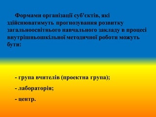 Формами організації суб'єктів, які
здійснюватимуть прогнозування розвитку
загальноосвітнього навчального закладу в процесі
внутрішньошкільної методичної роботи можуть
бути:
- група вчителів (проектна група);
- лабораторія;
- центр.
 
