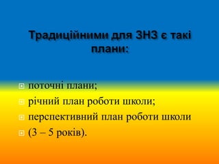 ¨ поточні плани;
¨ річний план роботи школи;
¨ перспективний план роботи школи
¨ (3 – 5 років).
 
