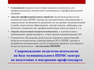 Сопровождение педагогов-психологов
на базе муниципального ППМС-центра
по подготовке к внедрению профстандарта
• Самоанализ уровня подготовки педагога-психолога, его
профессионально-личностного потенциала и профессиональной
позиции
• Анализ профессиональных проблем педагогов-психологов
специалистами ППМС-центра на методических объединениях и
определение возможности решениях их на уровне муниципальной
службы психологии образования: мастер-классы, вебинары для
молодых специалистов, профессиональные консультации и т.д.
• Анализ подготовки педагога-психолога в соответствии с
требованиям профстандарта с точки зрения администрации ОО
• Совместное обсуждение результатов анализа и предложений
педагогов-психологов, администрации ОО и ППМС-центра и
разработка оптимальных путей устранения проблем для каждого
педагога-психолога – составление ИОППР
 