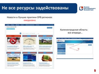 Не все ресурсы задействованы
5
Новости и Лучшие практики ОРВ регионов:
ежедневно
Калининградская область:
все впереди…
 