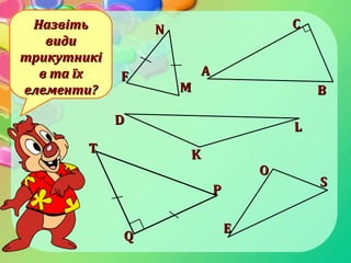 KK
LLDD
OO
SS
EE
AA
BB
CCНазвітьНазвіть
видивиди
трикутникітрикутникі
в та їхв та їх
елементи?елементи?
NN
MM
FF
TT
QQ
PP
 