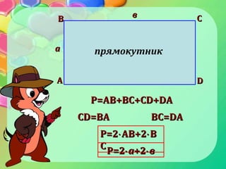 AA
BB CC
DD
прямокутник
Р=Р=AB+BCAB+BC++CD+DACD+DA
CDCD==BABA BCBC==DADA
Р=2Р=2⋅⋅AB+AB+22⋅⋅BB
CC
aa
вв
Р=2Р=2⋅⋅aa++22⋅⋅вв
 