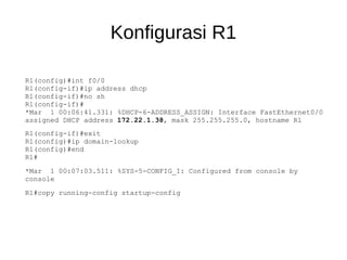 Konfigurasi R1
R1(config)#int f0/0
R1(config-if)#ip address dhcp
R1(config-if)#no sh
R1(config-if)#
*Mar 1 00:06:41.331: %DHCP-6-ADDRESS_ASSIGN: Interface FastEthernet0/0
assigned DHCP address 172.22.1.38, mask 255.255.255.0, hostname R1
R1(config-if)#exit
R1(config)#ip domain-lookup
R1(config)#end
R1#
*Mar 1 00:07:03.511: %SYS-5-CONFIG_I: Configured from console by
console
R1#copy running-config startup-config
 