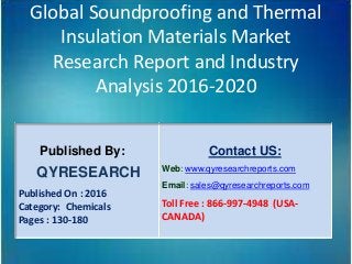 Global Soundproofing and Thermal
Insulation Materials Market
Research Report and Industry
Analysis 2016-2020
Published By:
QYRESEARCH
Published On : 2016
Category: Chemicals
Pages : 130-180
Contact US:
Web: www.qyresearchreports.com
Email: sales@qyresearchreports.com
Toll Free : 866-997-4948 (USA-
CANADA)
 