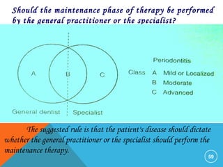 59
Should the maintenance phase of therapy be performed
by the general practitioner or the specialist?
The suggested rule is that the patient's disease should dictate
whether the general practitioner or the specialist should perform the
maintenance therapy.
 