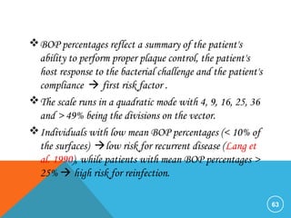 BOP percentages reflect a summary of the patient's
ability to perform proper plaque control, the patient's
host response to the bacterial challenge and the patient's
compliance  first risk factor .
The scale runs in a quadratic mode with 4, 9, 16, 25, 36
and > 49% being the divisions on the vector.
Individuals with low mean BOP percentages (< 10% of
the surfaces) low risk for recurrent disease (Lang et
al. 1990), while patients with mean BOP percentages >
25%  high risk for reinfection.
63
 