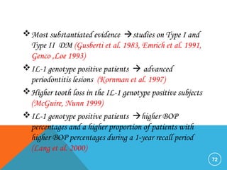 Most substantiated evidence studies on Type I and
Type II DM (Gusberti et al. 1983, Emrich et al. 1991,
Genco ,Loe 1993)
IL-1 genotype positive patients  advanced
periodontitis lesions (Kornman et al. 1997)
Higher tooth loss in the IL-1 genotype positive subjects
(McGuire, Nunn 1999)
IL-1 genotype positive patients higher BOP
percentages and a higher proportion of patients with
higher BOP percentages during a 1-year recall period
(Lang et al. 2000)
72
 