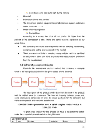 25
Cost: bear some cost quite high during working
• Hire staff
 Promotion for the new product
• The investment cost of equipment originally (camera system, automatic
doors, computer .... ...)
• Other operating expenses
Competition:
According to a survey, the price of our product is higher than the
product of the competition a little. There are some reasons explained by our
group follow:
 Our company has more operating costs such as studying, researching,
designing and selling a new product in the market.
 There are no more likely to inventory, apply multiple methods exhibited
on the point of sales and have to pay for the discount sale, promotion
from the manufacturer.
6.2 Method of assessment the price
Currently the assessment product method the company is applying
which is the new product assessed the price based on the expense
Table 17Model valuation costs
The retail price of the product will be based on the cost of the product
and the added value to customers. The level of disparity between prices and
costs (markup) is considered in order to ensure payback for the company, but
there is competition and customer satisfaction.
1.200.000 VNĐ + promotion cost + other tangible costs + value =
2.200.000 VNĐ
To plan price strategy for this project, we have to list detail the factors
make the completed product and other tangible costs
Variable Cost
No Item Picture Material Price Unit
Product Cost CustomerValuePrice
 