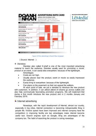 33
Figure 13 Price advertising in Doanh Nhan newpaper
( Source: Internet )
 Standees
Standee also called X-shelf is one of the most important advertising
material to reach the audience. Standee usually used for promoting a movie,
product or an event, it can easily take everywhere because of the lightweight.
Advantages:
 Costs are not high.
 Usually placed near the product, event or movie so easily impressed
the audience.
 Easily bring to everywhere because of the lightweight.
 Can place on the pavement so that can appeal the walkers.
At each point of sale, we put a standee to introduce the new product
with customers. In addition, it can attract attend of citizens go across outlets and
also help communicate fascinating promotion programs. We will implement that
during a first month introduce the new product and in 2 months January and
February 2016.
Internet advertising
Nowadays, with the rapid development of Internet, almost our country,
especially in big cities, Internet connection is becoming indispensable thing in
people life. Visitors speed have been improved and internet company have the
competition in improving facility are two advantages make internet become
useful tool. Search engines such as Google, Bing are advantages of the
company too. The habit of searching the product is caring nowadays
 