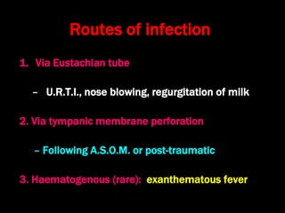 Routes of infection
1. Via Eustachian tube
– U.R.T.I., nose blowing, regurgitation of milk
2. Via tympanic membrane perforation
– Following A.S.O.M. or post-traumatic
3. Haematogenous (rare): exanthematous fever
 