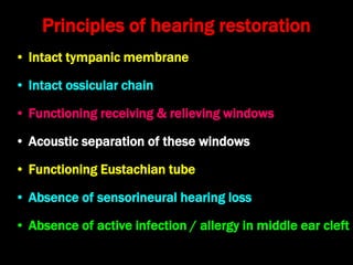 Principles of hearing restoration
• Intact tympanic membrane
• Intact ossicular chain
• Functioning receiving & relieving windows
• Acoustic separation of these windows
• Functioning Eustachian tube
• Absence of sensorineural hearing loss
• Absence of active infection / allergy in middle ear cleft
 