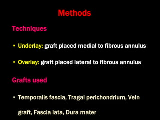 Methods
Techniques
• Underlay: graft placed medial to fibrous annulus
• Overlay: graft placed lateral to fibrous annulus
Grafts used
• Temporalis fascia, Tragal perichondrium, Vein
graft, Fascia lata, Dura mater
 