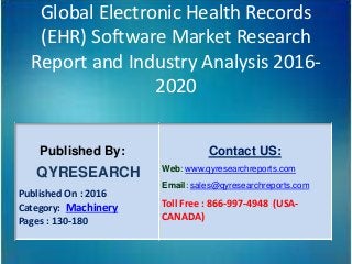 Global Electronic Health Records
(EHR) Software Market Research
Report and Industry Analysis 2016-
2020
Published By:
QYRESEARCH
Published On : 2016
Category: Machinery
Pages : 130-180
Contact US:
Web: www.qyresearchreports.com
Email: sales@qyresearchreports.com
Toll Free : 866-997-4948 (USA-
CANADA)
 