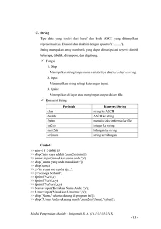 Modul Pengenalan Matlab – Istiqomah R. A. (14.1.01.05.0115)
- 13 -
C. String
Tipe data yang terdiri dari huruf dan kode ASCII yang ditampilkan
representasinya. Diawali dan diakhiri dengan apostrof (‘.........’).
String merupakan array numberik yang dapat dimanipulasi seperti: dimbil
beberapa, dibalik, ditranpose, dan digabung.
 Fungsi
1. Disp
Manmpilkan string tanpa nama variabelnya dan harus berisi string.
2. Input
Menampilkan string sebagi keterangan input.
3. Fprint
Menmpilkan di layar atau menyimpan output dalam file.
 Konversi String
Perintah Konversi String
char string ke ASCII
double ASCII ke string
fprint menulis teks terformat ke file
int2str integer ke string
num2str bilangan ke string
str2num string ke bilangan
Contoh:
>> nim=14101050115
>> disp(['nim saya adalah ',num2str(nim)])
>> nama=input('masukkan nama anda:','s')
>> disp(['nama yang anda masukkan='])
>> disp(nama)
>> z='ini cuma mo nyoba aja...';
>> y='semoga berhasil';
>> fprintf('%sn',z)
>> fprintf('%sn',z,y)
>> fprintf('%s%sn',z,y)
>> Nama=input('Ketikkan Nama Anda: ','s');
>> Umur=input('Masukkan Umurmu: ','s');
>> disp([Nama,' selamat datang di program ini']);
>> disp(['Umur Anda sekarang masih ',num2str(Umur),' tahun']);
 