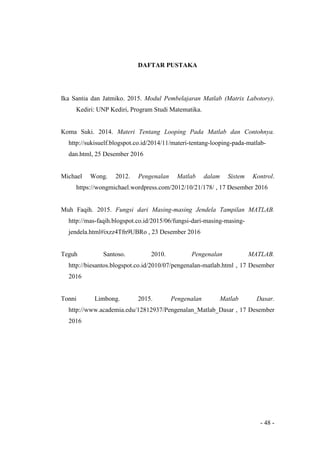 - 48 -
DAFTAR PUSTAKA
Ika Santia dan Jatmiko. 2015. Modul Pembelajaran Matlab (Matrix Labotory).
Kediri: UNP Kediri, Program Studi Matematika.
Koma Suki. 2014. Materi Tentang Looping Pada Matlab dan Contohnya.
http://sukisuelf.blogspot.co.id/2014/11/materi-tentang-looping-pada-matlab-
dan.html, 25 Desember 2016
Michael Wong. 2012. Pengenalan Matlab dalam Sistem Kontrol.
https://wongmichael.wordpress.com/2012/10/21/178/ , 17 Desember 2016
Muh Faqih. 2015. Fungsi dari Masing-masing Jendela Tampilan MATLAB.
http://mas-faqih.blogspot.co.id/2015/06/fungsi-dari-masing-masing-
jendela.html#ixzz4Tfn9UBRo , 23 Desember 2016
Teguh Santoso. 2010. Pengenalan MATLAB.
http://biesantos.blogspot.co.id/2010/07/pengenalan-matlab.html , 17 Desember
2016
Tonni Limbong. 2015. Pengenalan Matlab Dasar.
http://www.academia.edu/12812937/Pengenalan_Matlab_Dasar , 17 Desember
2016
 