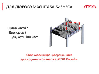 Одна касса?
Две кассы?
….да, хоть 100 касс
Своя маленькая «ферма» касс
для крупного бизнеса в АТОЛ Онлайн
ДЛЯ ЛЮБОГО МАСШТАБА БИЗНЕСА
 