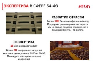 ЭКСПЕРТИЗА В СФЕРЕ 54-ФЗ
ЭКСПЕРТИЗА
15 лет в разработке ККТ
Более 30 выпущенных моделей
Участие в эксперименте ФНС по 54-ФЗ
Мы в курсе всех происходящих
изменений
РАЗВИТИЕ ОТРАСЛИ
Более 100 бизнес-конференций в год
Поддержка рынка и развитие отрасли
Мы не только создаем решения, но и
помогаем понять, что делать
 