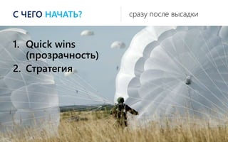 С ЧЕГО НАЧАТЬ?
1. Quick wins
(прозрачность)
2. Стратегия
сразу после высадки
 