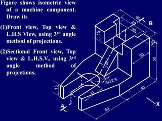 50
15
15
Figure shows isometric view
of a machine component.
Draw its
(1)Front view, Top view &
L.H.S View, using 3rd angle
method of projections.
(2)Sectional Front view, Top
view & L.H.S.V., using 3rd
angle method of
projections.
 
