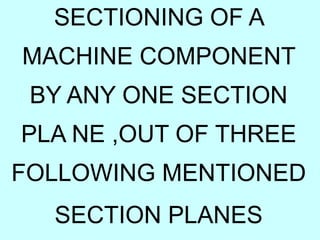 SECTIONING OF A
MACHINE COMPONENT
BY ANY ONE SECTION
PLA NE ,OUT OF THREE
FOLLOWING MENTIONED
SECTION PLANES
 