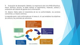9. Evaluación de desempeño: Debido a la importancia del ciclo PHVA (Planificar,
Hacer, Verificar, Actuar), se debe realizar un seguimiento, medición, análisis y
evaluación del sistema de gestión de la información.
10. Mejora: Habla sobre el tratamiento de las no conformidades, las acciones
correctivas y a mejora continua.
La segunda parte, está conformada por el anexo A, el cual establece los objetivos
de control y los controles de referencia.
 