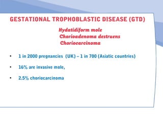 GESTATIONAL TROPHOBLASTIC DISEASE (GTD)
Hydatidiform mole
Chorioadenoma destruens
Choriocarcinoma
• 1 in 2000 pregnancies (UK) – 1 in 700 (Asiatic countries)
• 16% are invasive mole,
• 2.5% choriocarcinoma
 