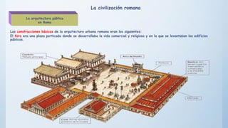 La civilización romana
La arquitectura pública
en Roma
Las construcciones básicas de la arquitectura urbana romana eran lo...