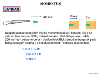 Author : Khairi
MOMENTUM
LATIHAN
200 ms-1
2 s50 ms-1
S = ut + ½ at2
= 50 x 2 + 0
= 100 m
Sebuah senapang berjisim 500 kg menembak peluru berjisim 100 g ke
sebuah blok berjisim 300 g dalam keadaan rehat.Halaju peluru ialah
200 ms-1
dan peluru terbenam didalam blok.Blok kemudian bergerak pada
halaju seragam selama 2 s sebelum berhenti.Tentukan sesaran blok.
 