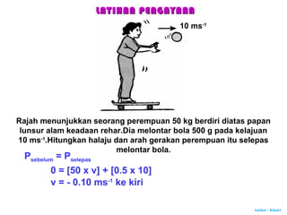 Author : Khairi
Rajah menunjukkan seorang perempuan 50 kg berdiri diatas papan
lunsur alam keadaan rehar.Dia melontar bola 500 g pada kelajuan
10 ms-1
.Hitungkan halaju dan arah gerakan perempuan itu selepas
melontar bola.
Psebelum = Pselepas
0 = [50 x v] + [0.5 x 10]
v = - 0.10 ms-1
ke kiri
10 ms-1
LATIHAN PENGAYAANLATIHAN PENGAYAAN
 