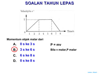 Author : Khairi
Momentum objek malar dari
A. 0 s ke 3 s
B. 3 s ke 6 s
C. 6 s ke 8 s
D. 0 s ke 8 s
P = mv
Bila v malar,P malar
SOALAN TAHUN LEPASSOALAN TAHUN LEPAS
 