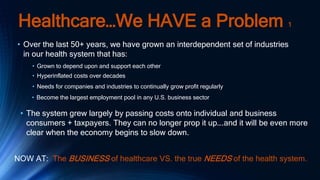 Healthcare…We HAVE a Problem 1
NOW AT: The BUSINESS of healthcare VS. the true NEEDS of the health system.
• Over the last...