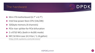 4#DPDKSummit
The hardware
u Mini-ITX	motherboard	(6.7”	x	6.7”)
u Intel	low-power	Xeon	CPU	(14c/28t)
u 32Gbyte	memory	(4	channels)
u PCIe riser	splitter	for	PCIe bifurcation
u 2	x	X710	NICs	(both	in	4x10G	mode)
u NFC	S4	Mini	case	(4.3	liter	/	1.14	gallon)
http://nfc-systems.com/s4-mini/
 