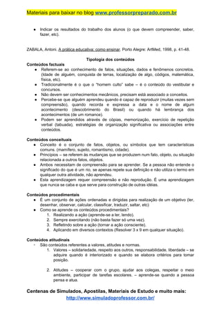 Materiais para baixar no blog ​www.professorpreparado.com.br
● Indicar os resultados do trabalho dos alunos (o que devem compreender, saber,
fazer, etc).
ZABALA, Antoni. ​A prática educativa: como ensinar​. Porto Alegre: ArtMed, 1998, p. 41-48.
Tipologia dos conteúdos
Conteúdos factuais
● Referem-se ao conhecimento de fatos, situações, dados e fenômenos concretos.
(Idade de alguém, conquista de terras, localização de algo, códigos, matemática,
física, etc).
● Tradicionalmente é o que o “homem culto” sabe – é o conteúdo do vestibular e
concursos.
● Não devem ser conhecimentos mecânicos, precisam está associado a conceitos.
● Percebe-se que alguém aprendeu quando é capaz de reproduzir (muitas vezes sem
compreensão), quando recorda e expressa a data e o nome de algum
acontecimento (descobrimento do Brasil) ou quando há lembrança dos
acontecimentos (de um romance).
● Podem ser aprendidos através de cópias, memorização, exercício de repetição
verbal (tabuada), estratégias de organização significativa ou associações entre
conteúdos.
Conteúdos conceituais
● Conceito é o conjunto de fatos, objetos, ou símbolos que tem características
comuns. (mamífero, sujeito, romantismo, cidade).
● Princípios – se referem às mudanças que se produzem num fato, objeto, ou situação
relacionada a outros fatos, objetos.
● Ambos necessitam de compreensão para se aprender. Se a pessoa não entende o
significado do que é um rio, se apenas repete sua definição e não utiliza o termo em
qualquer outra atividade, não aprendeu.
● Esta aprendizagem requer compreensão e não reprodução. É uma aprendizagem
que nunca se caba e que serve para construção de outras idéias.
Conteúdos procedimentais
● É um conjunto de ações ordenadas e dirigidas para realização de um objetivo (ler,
desenhar, observar, calcular, classificar, traduzir, saltar, etc)
● Como se aprende os conteúdos procedimentais?
1. Realizando a ação (aprende-se a ler, lendo).
2. Sempre exercitando (não basta fazer só uma vez).
3. Refletindo sobre a ação (tornar a ação consciente).
4. Aplicando em diversos contextos (Resolver 3 x 9 em qualquer situação).
Conteúdos atitudinais
▪ São conteúdos referentes a valores, atitudes e normas.
1. Valores – solidariedade, respeito aos outros, responsabilidade, liberdade – se
adquire quando é interiorizado e quando se elabora critérios para tomar
posição.
2. Atitudes – cooperar com o grupo, ajudar aos colegas, respeitar o meio
ambiente, participar de tarefas escolares. – aprende-se quando a pessoa
pensa e atua.
Centenas de Simulados, Apostilas, Materiais de Estudo e muito mais:
http://www.simuladoprofessor.com.br/
 