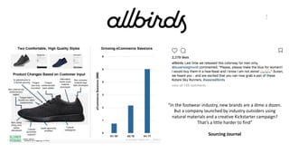 2
1
“In the footwear industry, new brands are a dime a dozen.
But a company launched by industry outsiders using
natural materials and a creative Kickstarter campaign?
That’s a little harder to find”
Sourcing Journal
 
