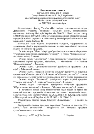 Пояснювальна записка
навчального плану для 2-4 класів
Спеціалізованої школи №2 ім.Д.Карбишева
з поглибленим вивченням предметів природничого циклу
Подільського району м.Києва
на 2018/2019 навчальний рік
На виконання Закону України «Про освіту», з метою впровадження
Державного стандарту початкової загальної освіти, затвердженого
постановою Кабінету Міністрів України від 20.04.2011 №462, згідно Наказу
МОН України від 20.04.2018 «Про затвердження освітньої програми закладів
середньої освіти І ступеня» в навчальному закладі розроблено навчальний
план для 2-4 класів (таблиця 1).
Навчальний план містить інваріантний складник, сформований на
державному рівні та варіативний складник, в якому передбачено додаткові
години на вивчення предметів.
Освітня галузь "Мови і літератури" реалізується через окремі предмети
"Українськамова (мова і літературна читання )" – 7 годин, "Іноземна мова" –
англійська мова – 2 години.
Освітні галузі "Математика", "Природознавство" реалізуються через
однойменні окремі предмети, відповідно, - "Математика" – 4 години,
"Природознавство" – 2 години.
Освітня галузь "Суспільствознавство" реалізується предметом "Я у
світі" – 3-4 класи -1 година.
Освітня галузь "Здоров'я і фізична культура" реалізується окремими
предметами "Основи здоров'я" – 1 година та "Фізична культура" – 3 години,
які не враховуються під час визначення гранично допустимого навантаження.
Освітня галузь "Технології" реалізується через окремі предмети
"Трудове навчання" – 1 година та "Інформатика" – 1 година.
Освітня галузь "Мистецтво" реалізується окремими предметами
"Образотворче мистецтво" – 1 година і "Музичне мистецтво" – 1 година.
У початковій школі може здійснюватися поділ класів на групи при
вивченні окремих предметів відповідно до чинних нормативів (наказ
Міністерства освіти і науки України від 20.02.2002 р. № 128, зареєстрований
в Міністерстві юстиції України від 06.03.2002 за № 229/6517).
Фізкультурна освітня галузь (предмет «фізкультура») - 3 години на
тиждень,
Варіативний складник програми передбачає 2 години на тиждень у 2-4
класах. Його заплановано використати для вивчення предметів
«українознавство», «екологія».
Директор сш №2 ім.Д.Карбишева Л.Нікуліна
 