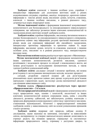 Здобувач освіти: взаємодіє з іншими особами усно, сприймає і
використовує інформацію для досягнення життєвих цілей у різних
комунікативних ситуаціях; сприймає, аналізує, інтерпретує, критично оцінює
інформацію в текстах різних видів, висловлює думки, почуття, ставлення,
взаємодіє з іншими особами письмово, в режимі реального часу,
дотримується норм літературної мови.
Метою іншомовної освіти є формування іншомовної комунікативної
компетентності для безпосереднього та опосередкованого міжкультурного
спілкування, що забезпечує розвиток інших ключових компетентностей та
задоволення різних життєвих потреб здобувача освіти.
Здобувач освіти: сприймає інформацію, висловлену іноземною мовою в
умовах безпосереднього та опосередкованого міжкультурного спілкування,
та критично оцінює таку інформацію; розуміє прочитані іншомовні тексти
різних видів для отримання інформації або емоційного задоволення,
використовує прочитану інформацію та критично оцінює її; надає
інформацію, висловлює думки, почуття та ставлення, взаємодіє з іншими
особами усно, письмово та в режимі реального часу, використовуючи
іноземну мову.
Математична освітня галузь реалізується через предмет «Математика».
Метою математичної освітньої галузі є формування математичної та
інших ключових компетентностей; розвиток мислення, здатності
розпізнавати і моделювати процеси та ситуації з повсякденного життя, які
можна розв’язувати із застосуванням математичних методів, а також
здатності робити усвідомлений вибір.
Здобувач освіти: досліджує ситуації і визначає проблеми, які можна
розв’язувати із застосуванням математичних методів; моделює процеси і
ситуації, розробляє стратегії (плани) дій для розв’язування
різноманітних задач; критично оцінює дані, процес та результат розв’язання
навчальних і практичних задач; застосовує досвід математичної діяльності
для пізнання навколишнього світу.
Освітня галузь «Природознавство» реалізується через предмет
«Природознавство» - 2-4 класи.
Метою природничоїосвітньоїгалузі є формування компетентностей в
галузі природничих наук, техніки і технологій, екологічної та інших
ключових компетентностей шляхом опанування знань, умінь і способів
діяльності, розвитку здібностей, які забезпечують успішну взаємодію з
природою,формування основи наукового світогляду і критичного мислення,
становлення відповідальної, безпечної і природоохоронної поведінки
здобувачів освіти у навколишньому світі на основі усвідомлення принципів
сталого розвитку.
Здобувач освіти: відкриває світ природи, набуває досвіду її
дослідження, шукає відповіді на запитання, спостерігає за навколишнім
світом, експериментує та створює навчальні моделі, виявляє допитливість та
отримує радість від пізнання природи; опрацьовує та систематизує
інформацію природничого змісту, отриману з доступних джерел, та
 