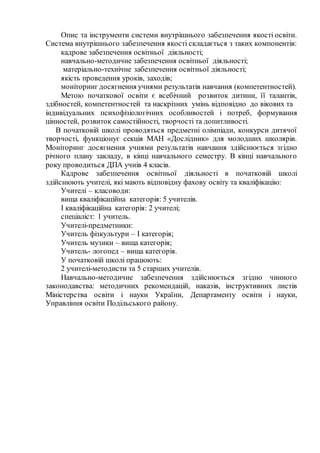 Опис та інструменти системи внутрішнього забезпечення якості освіти.
Система внутрішнього забезпечення якості складається з таких компонентів:
кадрове забезпечення освітньої діяльності;
навчально-методичне забезпечення освітньої діяльності;
матеріально-технічне забезпечення освітньої діяльності;
якість проведення уроків, заходів;
моніторинг досягнення учнями результатів навчання (компетентностей).
Метою початкової освіти є всебічний розвиток дитини, її талантів,
здібностей, компетентностей та наскрізних умінь відповідно до вікових та
індивідуальних психофізіологічних особливостей і потреб, формування
цінностей, розвиток самостійності, творчості та допитливості.
В початковій школі проводяться предметні олімпіади, конкурси дитячої
творчості, функціонує секція МАН «Дослідник» для молодших школярів.
Моніторинг досягнення учнями результатів навчання здійснюється згідно
річного плану закладу, в кінці навчального семестру. В кінці навчального
року проводиться ДПА учнів 4 класів.
Кадрове забезпечення освітньої діяльності в початковій школі
здійснюють учителі, які мають відповідну фахову освіту та кваліфікацію:
Учителі – класоводи:
вища кваліфікаційна категорія: 5 учителів.
І кваліфікаційна категорія: 2 учителі;
спеціаліст: 1 учитель.
Учителі-предметники:
Учитель фізкультури – І категорія;
Учитель музики – вища категорія;
Учитель- логопед – вища категорія.
У початковій школі працюють:
2 учителі-методисти та 5 старших учителів.
Навчально-методичне забезпечення здійснюється згідно чинного
законодавства: методичних рекомендацій, наказів, інструктивних листів
Міністерства освіти і науки України, Департаменту освіти і науки,
Управління освіти Подільського району.
 