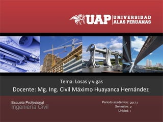Tema: Losas y vigas
2017-I
V
I
Docente: Mg. Ing. Civil Máximo Huayanca Hernández
 