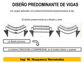 Ing° M. Huayanca Hernández
DISEÑO PREDOMINANTE DE VIGAS
Las cargas aplicadas con predominantemente perpendiculares al eje.
El diseño predominante es a flexión y corte.
La flexión provoca
La máxima TRACCION o COMPRESION, en el cordón inferior o superior
 