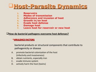 Host-Parasite DynamicsHost-Parasite Dynamics
1. Reservoirs
2. Modes of transmission
3. Adherence and invasion of host
4. Growth in/on host
5. Evade host defense
6. Damage host
7. Leave host for reservoir or new host
How do bacterial pathogens overcome host defenses?
VIRULENCE FACTORSVIRULENCE FACTORS
bacterial products or structural components that contribute tobacterial products or structural components that contribute to
pathogenicity or diseasepathogenicity or disease
A. promote bacterial colonization of the host
(infectivity and invasiveness)
B. obtain nutrients, especially iron
C. evade immune system
D. actively harm the host (toxins)
 