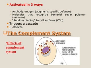 The Complement SystemThe Complement System
Activated in 3 ways
◦ Antibody-antigen (augments specific defense)
◦ Molecules that recognize bacterial sugar polymer
(mannan)
◦ “Random binding” to cell surfaces (C3b)
Triggers a cascade
3 effects
•Effects of
complement
system
 