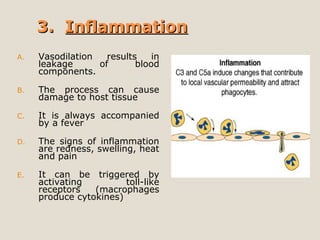 3.3. InflammationInflammation
A. Vasodilation results in
leakage of blood
components.
B. The process can cause
damage to host tissue
C. It is always accompanied
by a fever
D. The signs of inflammation
are redness, swelling, heat
and pain
E. It can be triggered by
activating toll-like
receptors (macrophages
produce cytokines)
 
