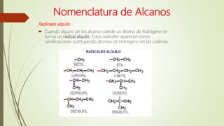 Nomenclatura de Alcanos
Radicales alquilo
 Cuando alguno de los alcanos pierde un átomo de hidrógeno se
forma un radical alquilo. Estos radicales aparecen como
ramificaciones sustituyendo átomos de hidrógeno en las cadenas.
 
